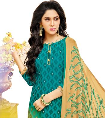Rama Green & Beige Cotton Embroidered & Mirror Work Salwar Suit For Women 3