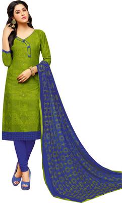 Parrot Green & Blue Cotton Embroidered & Mirror Work Salwar Suit For Women 2