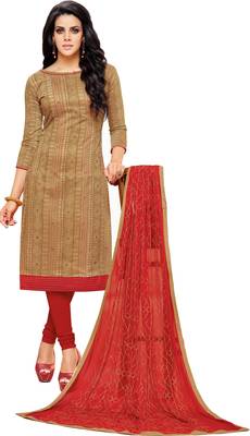 Light Brown & Red Chanderi Cotton Embroidered & Mirror Work Salwar Suit For Women 2