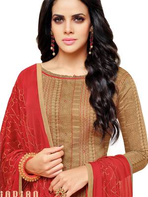 Light Brown & Red Chanderi Cotton Embroidered & Mirror Work Salwar Suit For Women 3