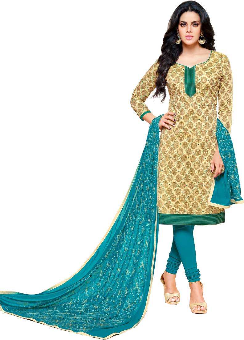Light Yellow & Turquoise Chanderi Cotton Embroidered & Mirror Work