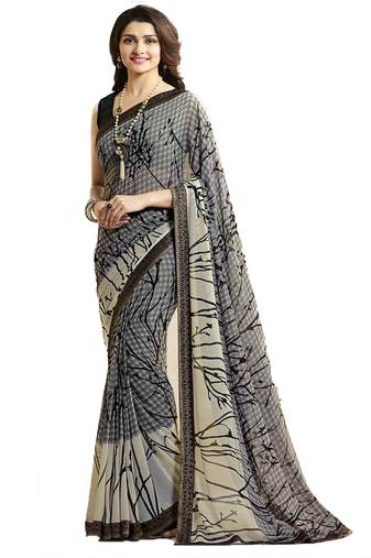 Grey printed georgette saree with blouse