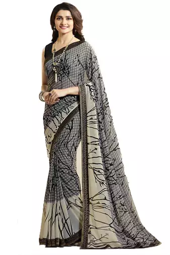 Grey printed georgette saree with blouse