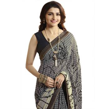 Grey printed georgette saree with blouse 4