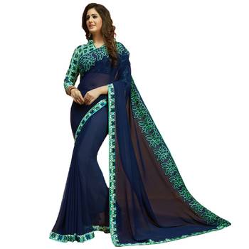 Blue embroidered georgette saree with blouse 1