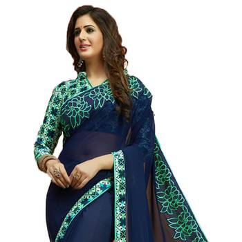 Blue embroidered georgette saree with blouse 2