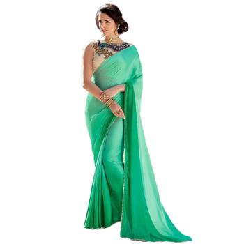 Green plain silk  saree with blouse 1
