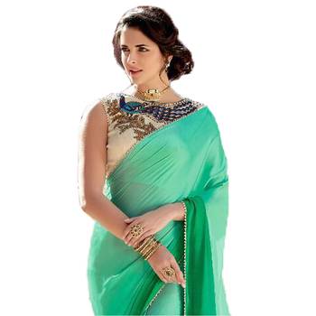 Green plain silk  saree with blouse 2