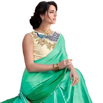 Green plain silk  saree with blouse 4