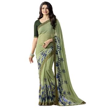 Green printed georgette saree with blouse 1