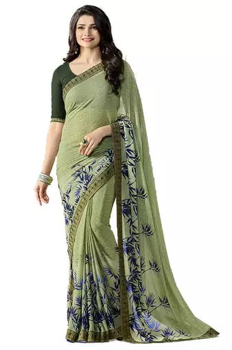 Green printed georgette saree with blouse
