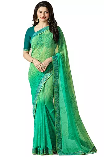 Green printed georgette saree with blouse