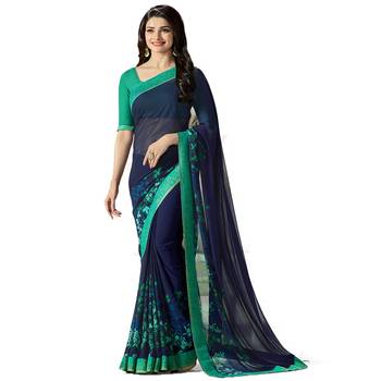 Blue printed georgette saree with blouse 1