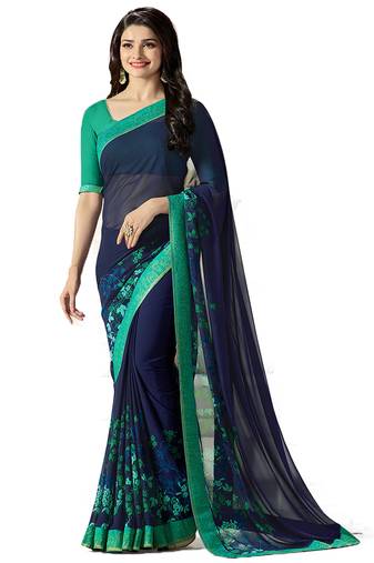 Blue printed georgette saree with blouse