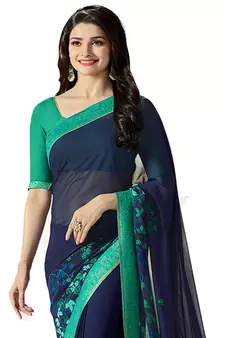 Blue printed georgette saree with blouse