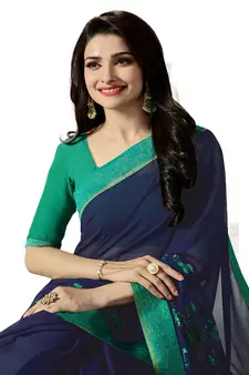 Blue printed georgette saree with blouse