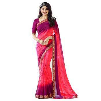 Pink printed georgette saree with blouse 2