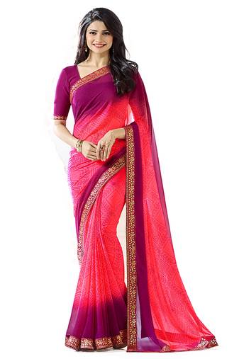 Pink printed georgette saree with blouse