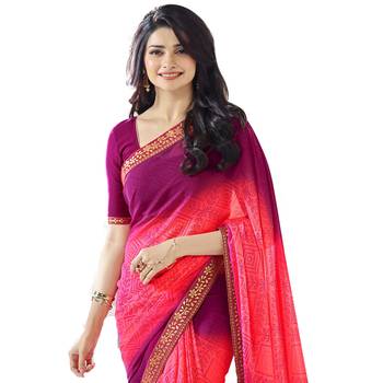 Pink printed georgette saree with blouse 3