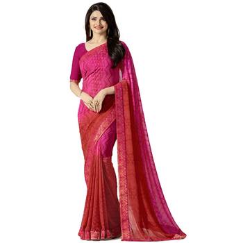 Pink printed georgette saree with blouse 1