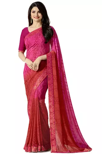 Pink printed georgette saree with blouse