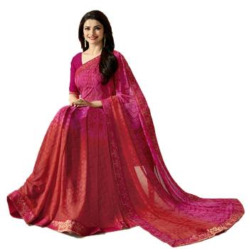 Pink printed georgette saree with blouse 2