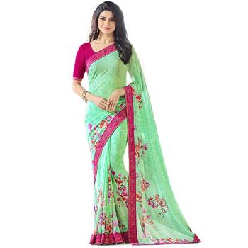 Green printed georgette saree with blouse 1