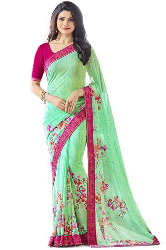 Green printed georgette saree with blouse