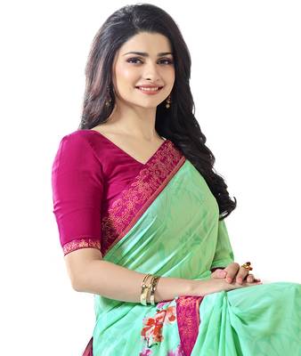 Green printed georgette saree with blouse 3