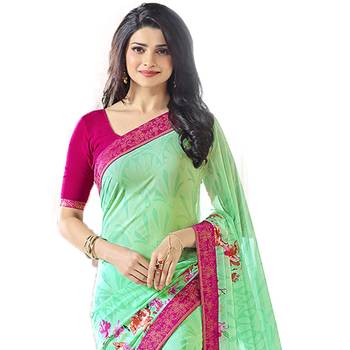 Green printed georgette saree with blouse 4
