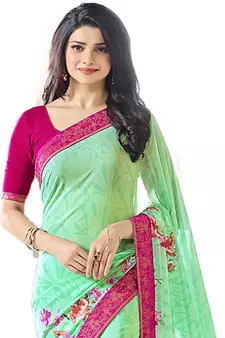 Green printed georgette saree with blouse
