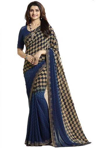 Blue printed georgette saree with blouse