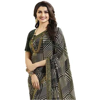 Green printed georgette saree with blouse 2
