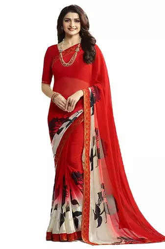 Red printed georgette saree with blouse