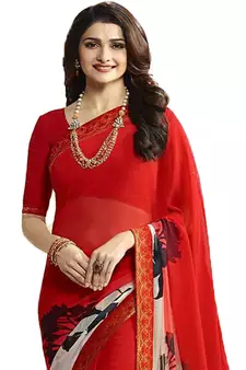 Red printed georgette saree with blouse