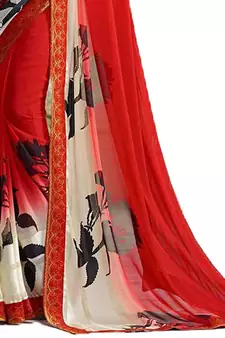 Red printed georgette saree with blouse
