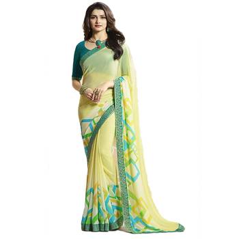 Yellow printed georgette saree with blouse 1