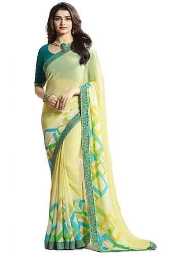 Yellow printed georgette saree with blouse