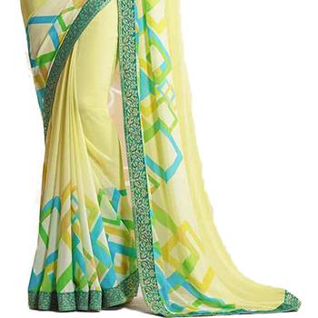 Yellow printed georgette saree with blouse 3