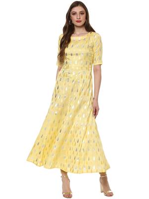 Yellow printed dupion silk kurtas-and-kurtis 1