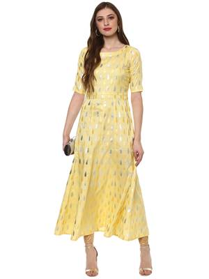 Yellow printed dupion silk kurtas-and-kurtis 2