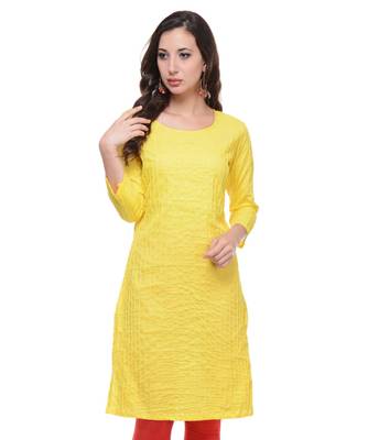 Yellow Plain Cotton Stitched Kurti 1