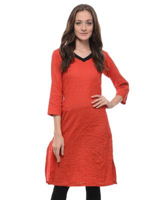 Red Plain Cotton Stitched Kurti 1