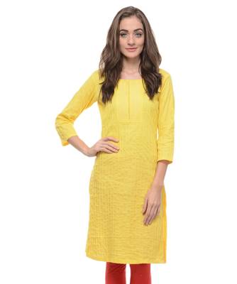 Yellow Plain Cotton Stitched Kurti 1