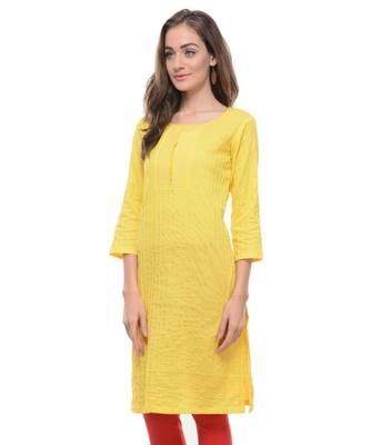 Yellow Plain Cotton Stitched Kurti 2