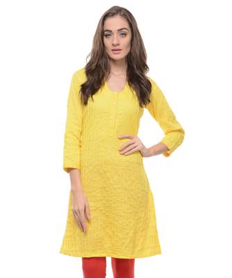 Yellow Plain Cotton Stitched Kurti 1