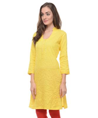Yellow Plain Cotton Stitched Kurti 2