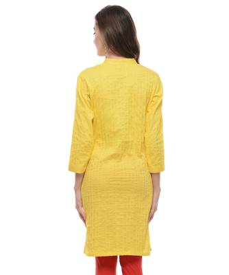 Yellow Plain Cotton Stitched Kurti 3