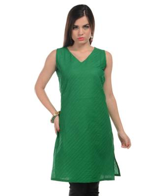 Green Plain Cotton Stitched Kurti 1