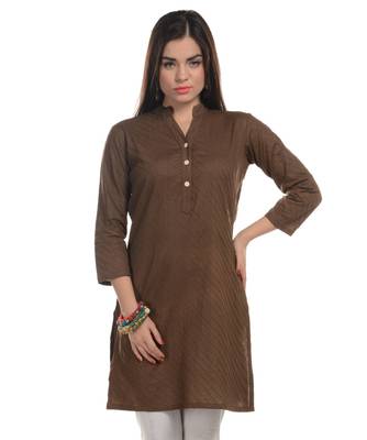Brown Plain Cotton Stitched Kurti 1